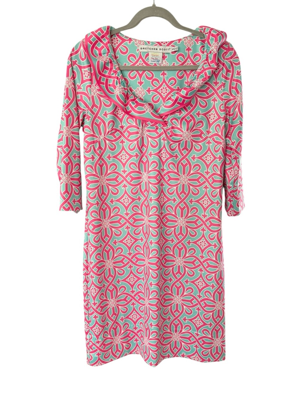 Gretchen Scott Ruff Neck 3/4 Sleeve Sheath Dress Pink Turquoise Print Sz Small - Picture 12 of 12